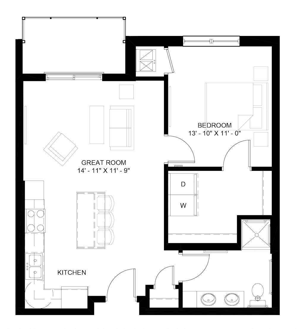 Floor plan for 1 bed, 1 bath, 732 sqft